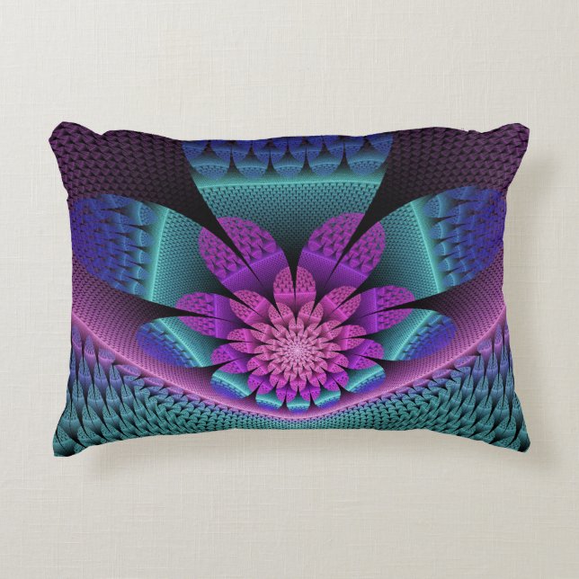 Unusual Patterned Colourful Fantasy Flower Fractal Accent Pillow (Front)