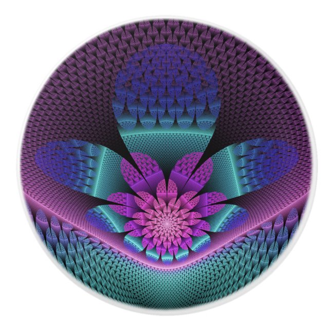 Unusual Patterned Colourful Fantasy Flower Fractal Ceramic Knob (Front)
