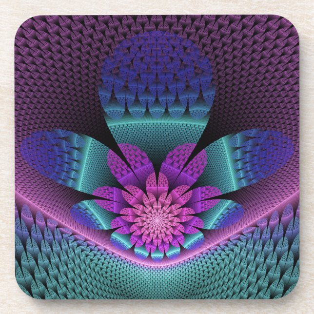 Unusual Patterned Colourful Fantasy Flower Fractal Coaster (Front)