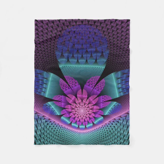 Unusual Patterned Colourful Fantasy Flower Fractal Fleece Blanket (Front)