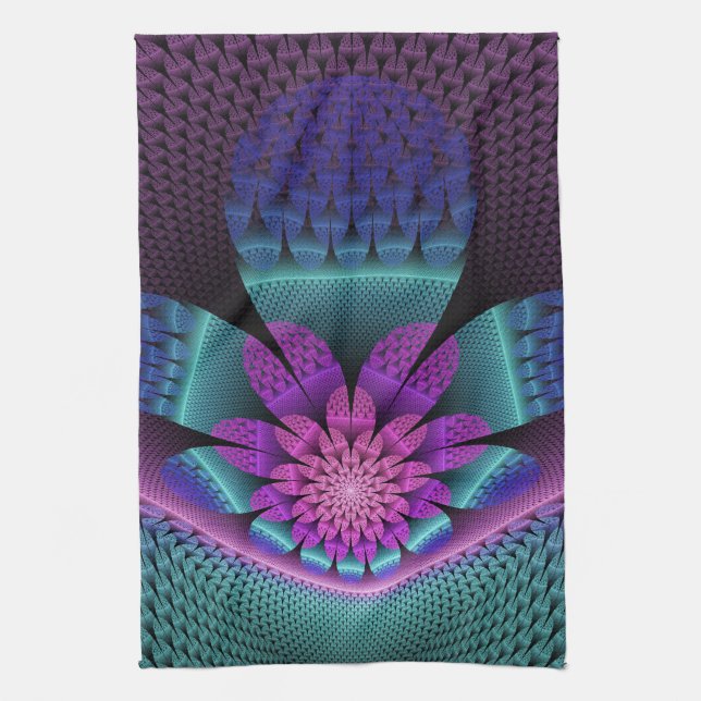 Unusual Patterned Colourful Fantasy Flower Fractal Kitchen Towel (Vertical)