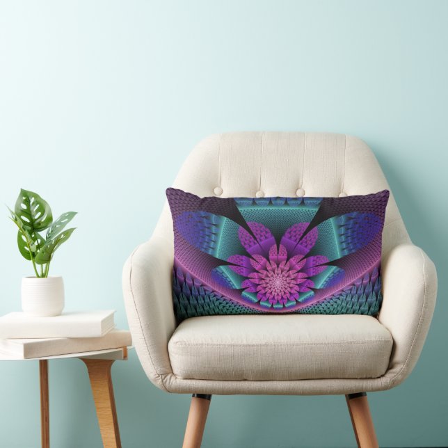 Unusual Patterned Colourful Fantasy Flower Fractal Lumbar Pillow (Chair)