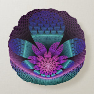 Unusual Patterned Colourful Fantasy Flower Fractal Round Pillow