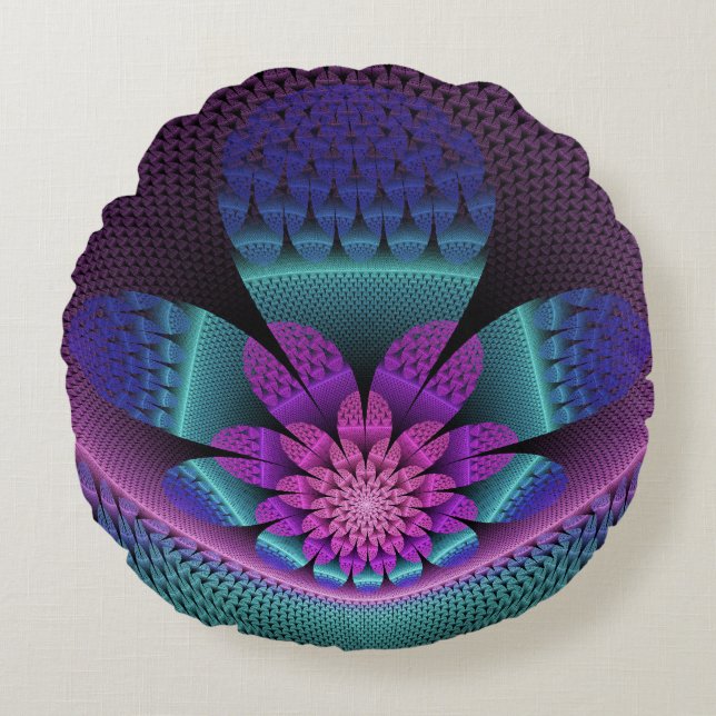 Unusual Patterned Colourful Fantasy Flower Fractal Round Pillow (Front)