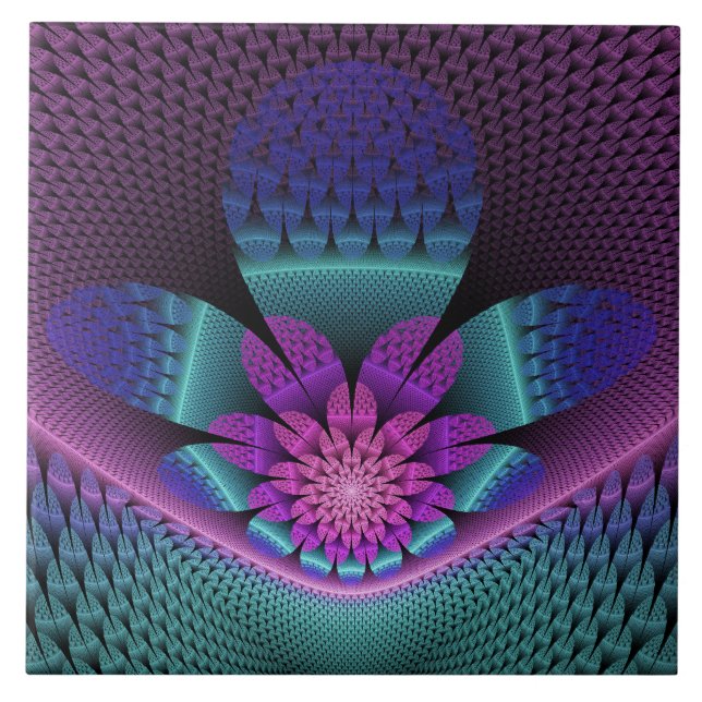 Unusual Patterned Colourful Fantasy Flower Fractal Tile (Front)