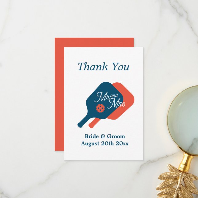 Unusual pickleball theme wedding thank you cards  (Front/Back In Situ)