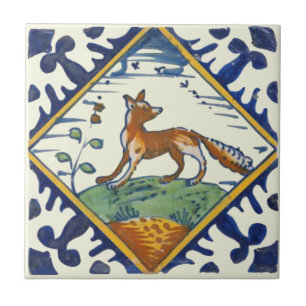 Unusual Repro Delft Fox with Birds Flying Scenic Tile
