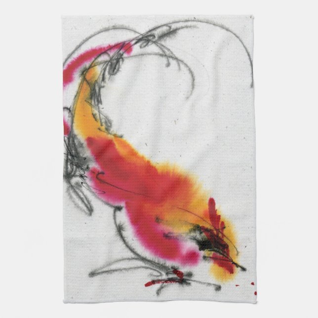 Unusual Rooster. Calligraphy and watercolor. Kitchen Towel (Vertical)