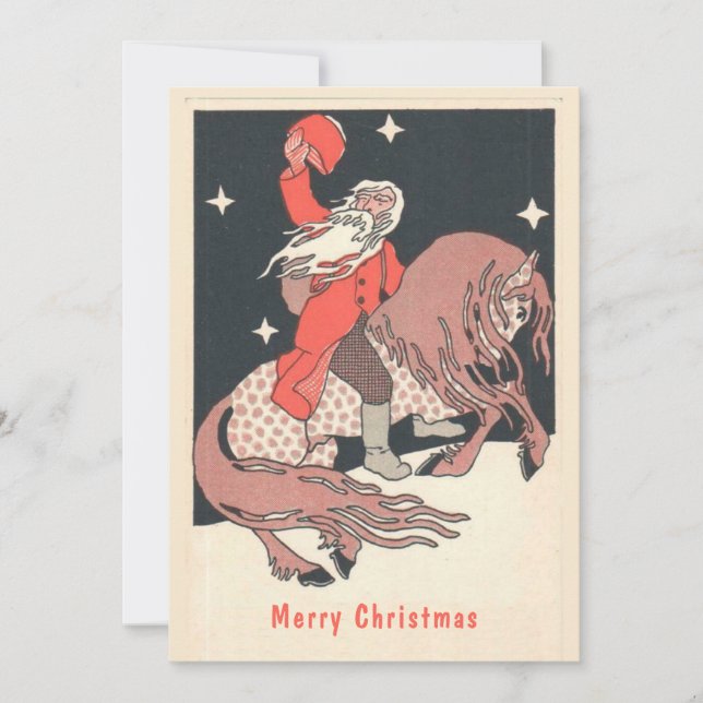 Unusual style Santa on a horse greeting card (Front)