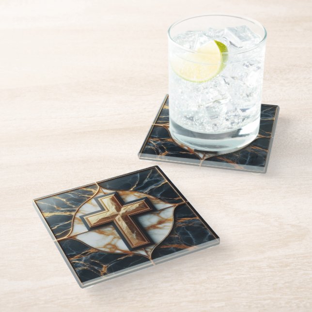 Unveiled Black and White Marble Cross With Gold  Glass Coaster (Angled)