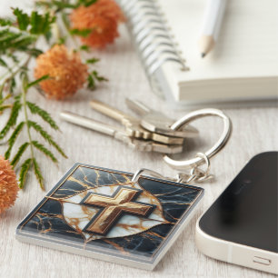 Unveiled Black and White Marble Cross With Gold Keychain