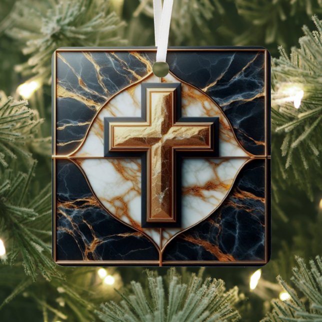 Unveiled Black and White Marble Cross With Gold  Metal Ornament (Insitu)