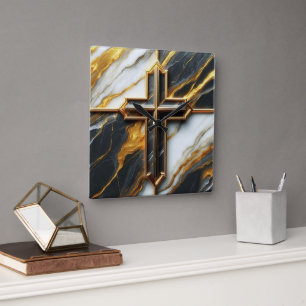 Unveiled Black and White Marble Cross With Gold Square Wall Clock