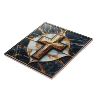Unveiled Black and White Marble Cross With Gold  Tile