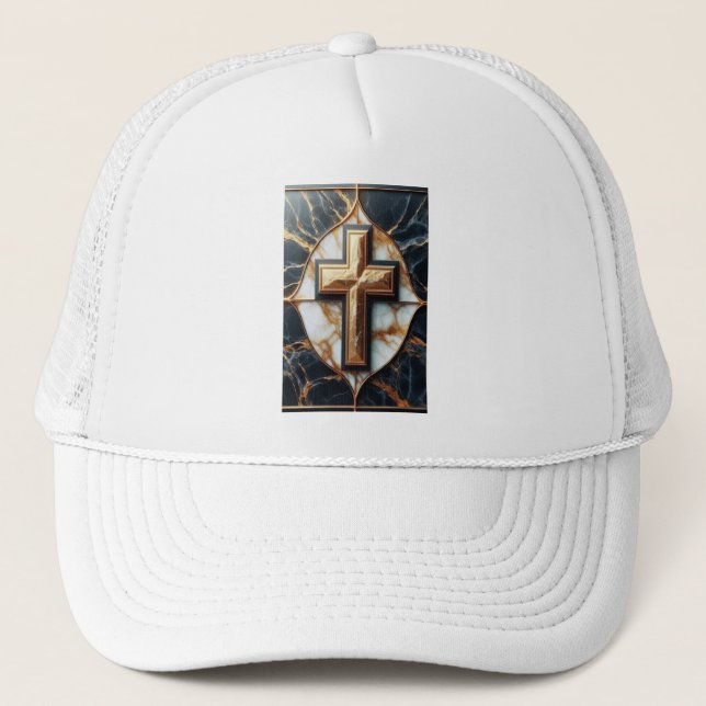 Unveiled Black and White Marble Cross With Gold  Trucker Hat (Front)