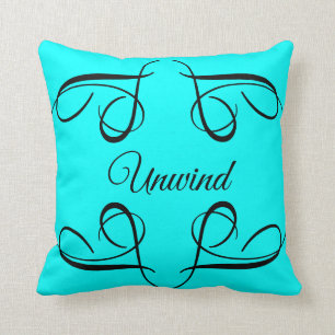 Unwind Saying Black Swirls Aqua Modern Trendy Throw Pillow