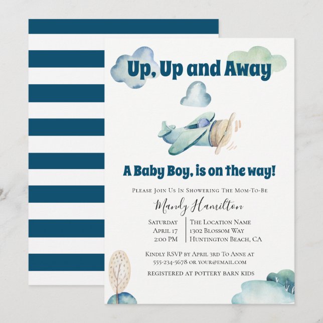 Up And Away Airplane Baby Shower Invitation (Front/Back)