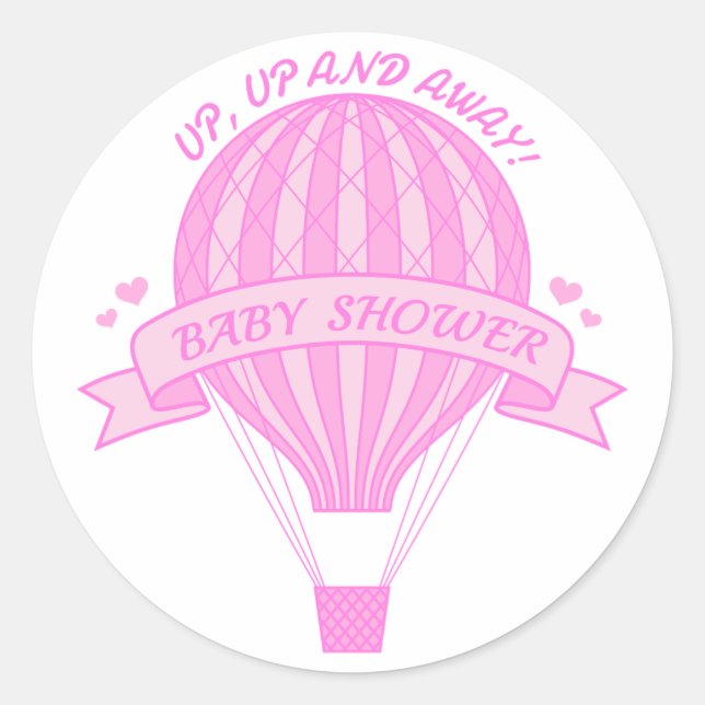 Up and away, pink hot air balloon baby shower classic round sticker (Front)