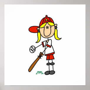 Up At Bat Girl Stick Figure Baseball Gifts Poster