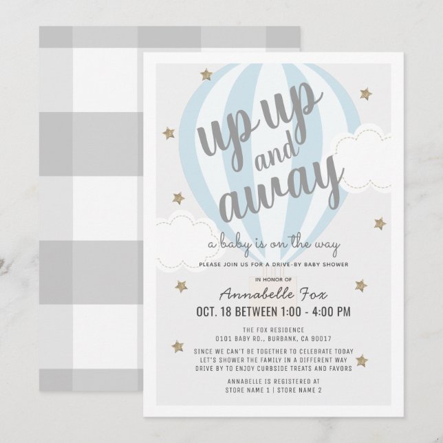 Up Away Hot Air Balloon Drive-by Blue Shower Invitation (Front/Back)