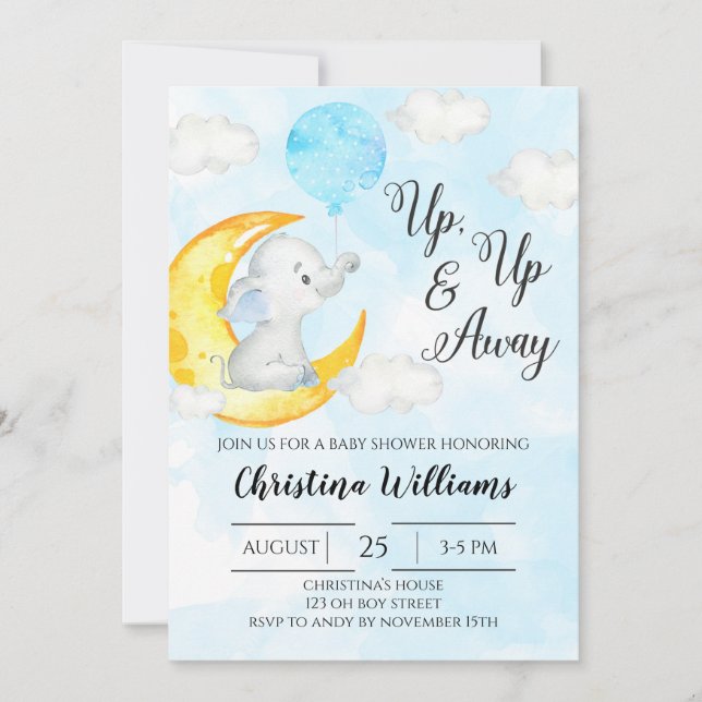 Up & Away Watercolor Elephant Boy Baby Shower Invitation (Front)