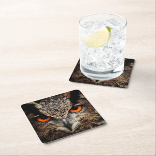 Up Close Owl with Orange Eyes Square Paper Coaster