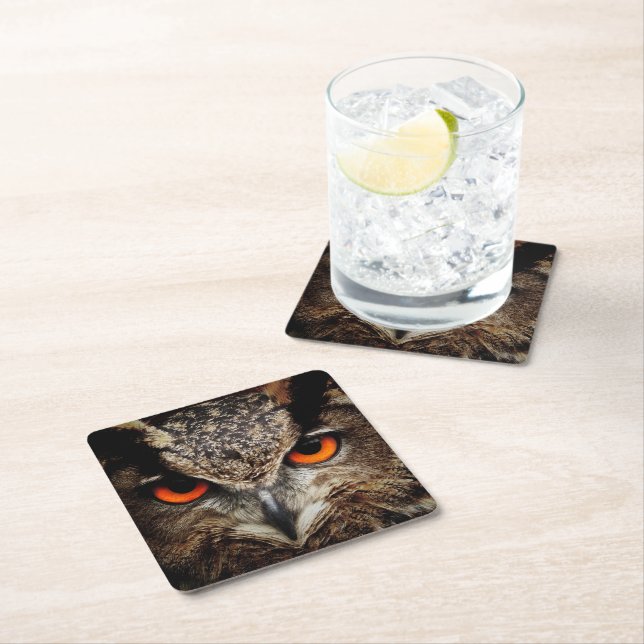 Up Close Owl with Orange Eyes Square Paper Coaster (Insitu)