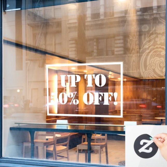 Up To 50% Sale Sign Window Cling (Cafe Window)