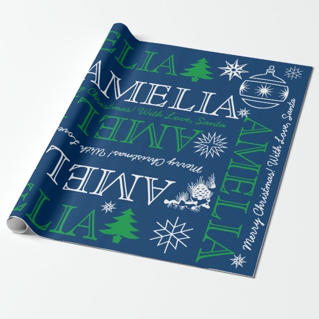 Up to 6 Letters Name or Text Christmas Blue Green Wrapping Paper (Unrolled)
