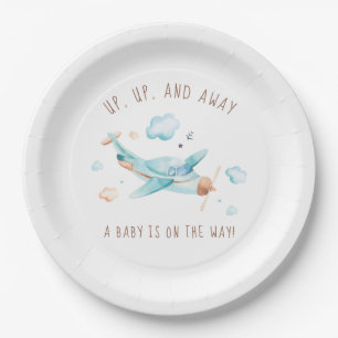 Up Up and Away Airplane Baby Shower Theme Paper Plate