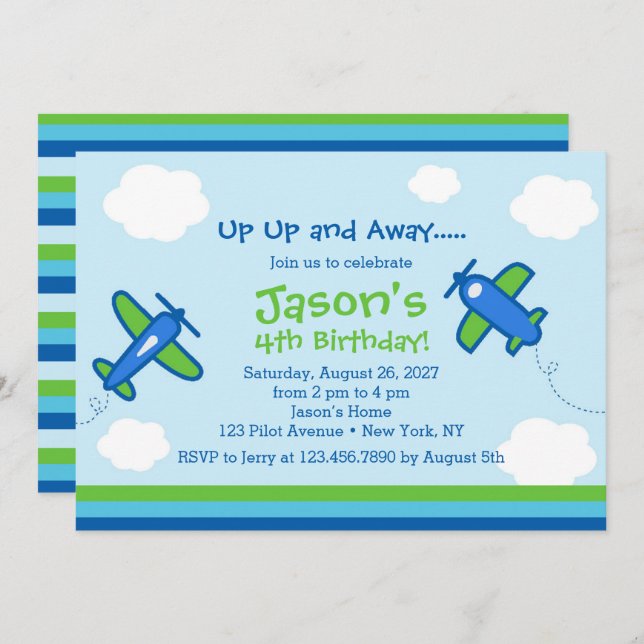 Up UP and Away Airplane Birthday Party  Invitation (Front/Back)