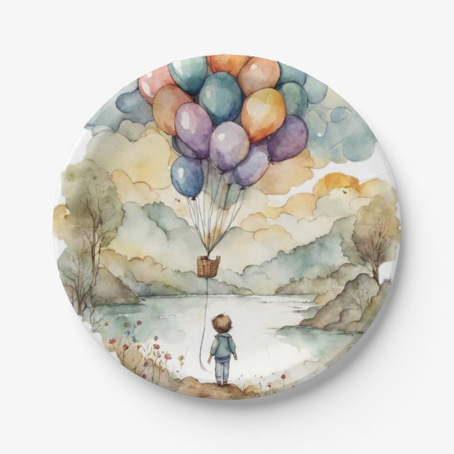 Up, Up and Away Balloon Birthday Paper Plate (Front)