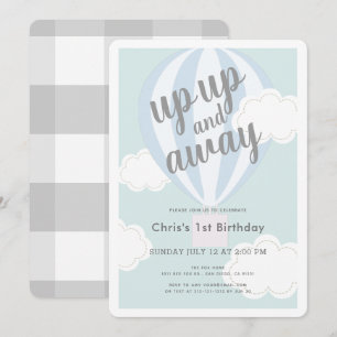 Up Up and Away Blue Hot Air Balloon 1st Birthday Invitation