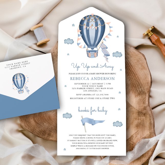 Up Up and Away Blue Hot Air Balloon Baby Shower All In One Invitation (Creator Uploaded)