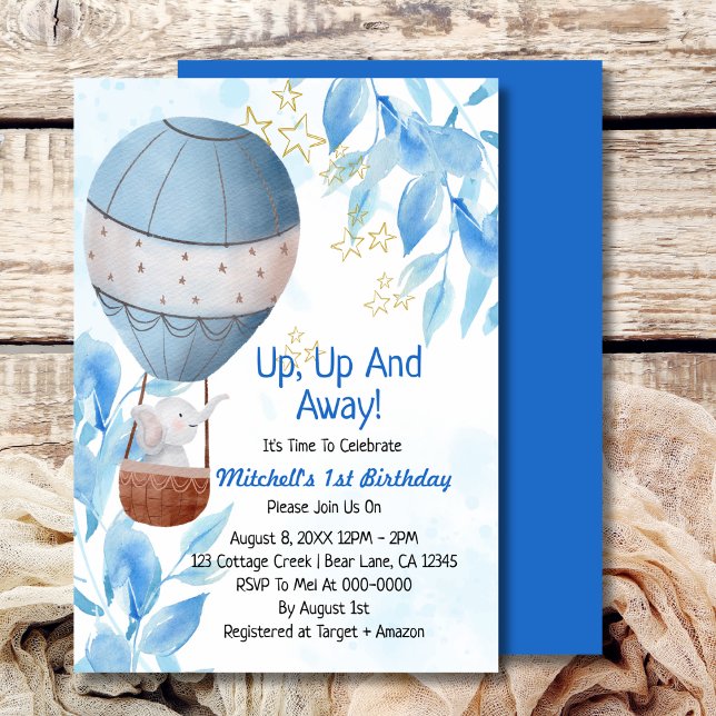 Up up and away boy hot air balloon elephant  invitation (Creator Uploaded)