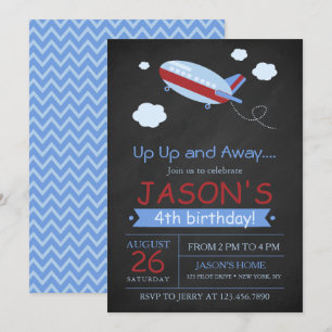 Up up and away cute airplane chalkboard birthday invitation