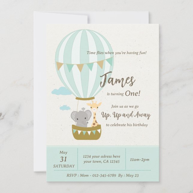 Up, Up and Away First Birthday Invitation (Front)