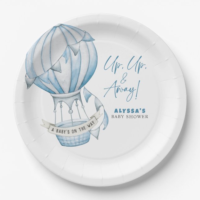 Up Up and Away Hot Air Balloon Baby Shower Paper Plate (Front)