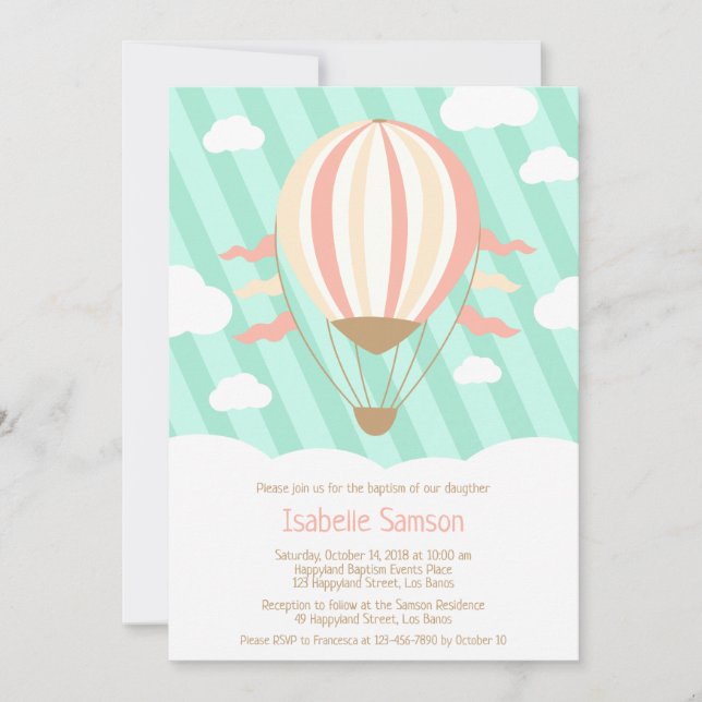 Up Up and Away Hot Air Balloon Baptism Invitation (Front)