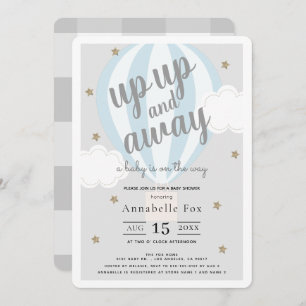 Up Up and Away Hot Air Balloon Blue Baby Shower Invitation