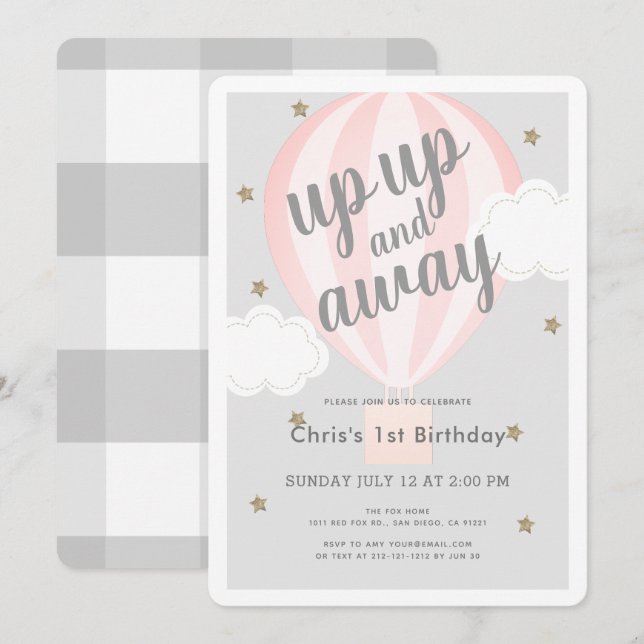 Up Up and Away Hot Air Balloon Pink 1st Birthday Invitation (Front/Back)