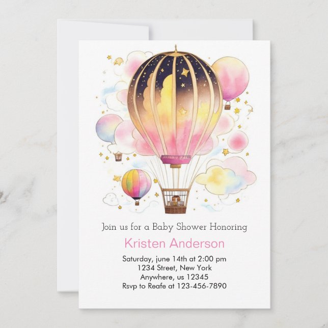 Up  Up and Away Pink Adventure Girl Baby Shower Invitation (Front)