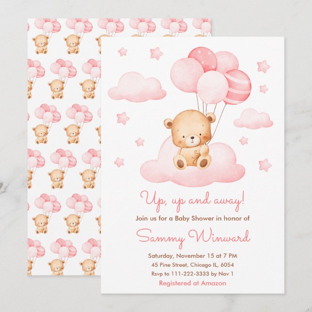Up Up and Away Pink Balloon Girl Baby Shower Invitation (Front/Back)