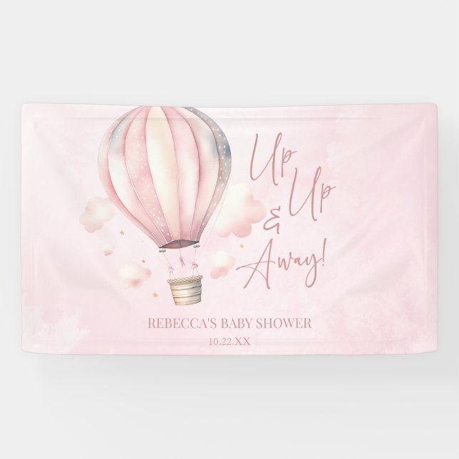 Up Up and Away! Pink Hot Air Balloon Baby Shower Banner (Horizontal)