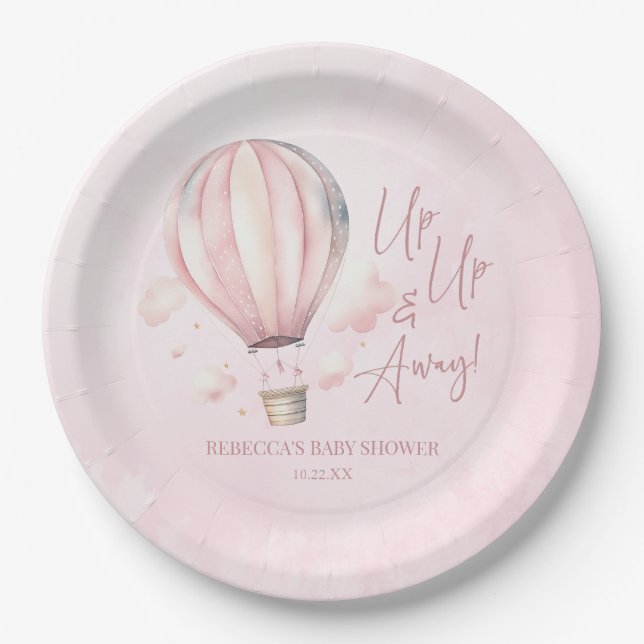 Up Up and Away! Pink Hot Air Balloon Baby Shower Paper Plate (Front)