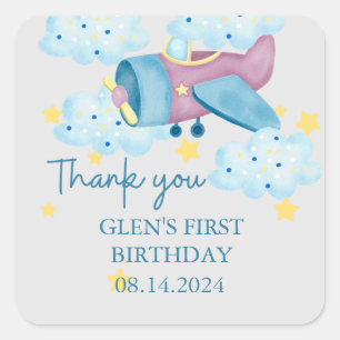 Up Up and Away Purple Airplane Thank you  Square Sticker