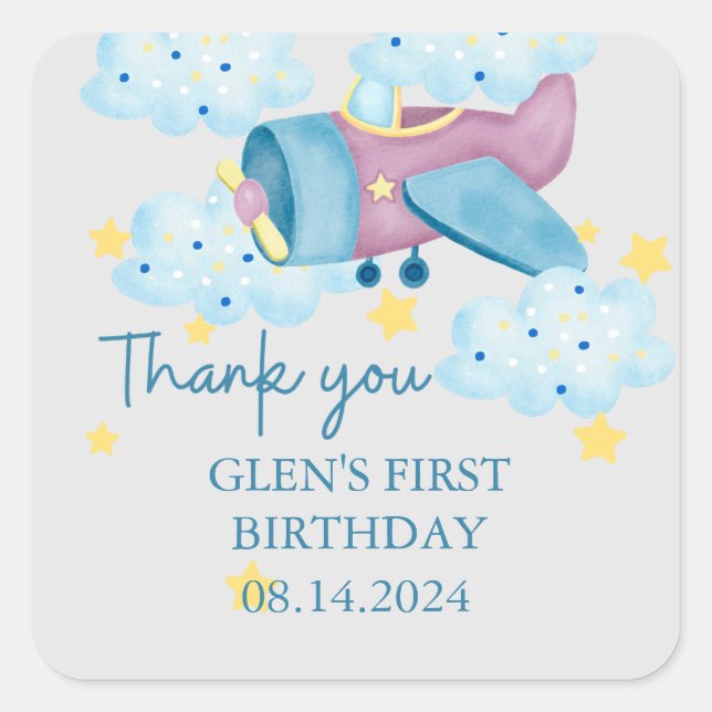 Up Up and Away Purple Airplane Thank you  Square Sticker (Front)