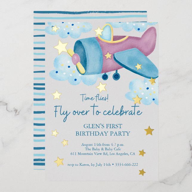 Up Up and Away Purple Grey Airplane Birthday Boy  (Front/Back)