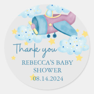 Up Up and Away Purple Grey Airplane Thank you Classic Round Sticker