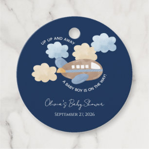 Up Up and Away Watercolor Airplane Boy Baby Shower Favour Tags